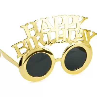 Óculos de festa dourados com frase HAPPY BIRTHDAY