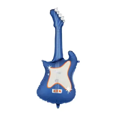 Balão azul em forma de guitarra elétrica com detalhes brancos e laranja