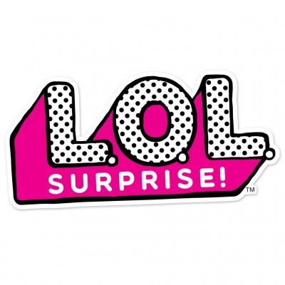 Logotipo colorido com texto 'LOL SURPRISE!' em preto, branco e rosa