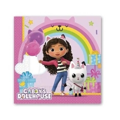 Guardanapo rosa com personagem Gabby, gato unicórnio, arco-íris e presentes coloridos.