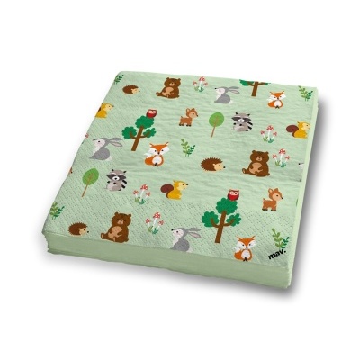 Guardanapos de papel decorados com padrão de animais da floresta coloridos em fundo verde claro