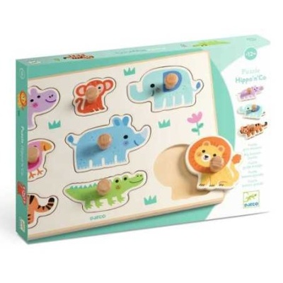 Quebra-cabeça de madeira com animais da selva e pegas de madeira coloridas