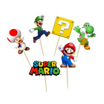 Decoração de figuras Super Mario com varas de madeira