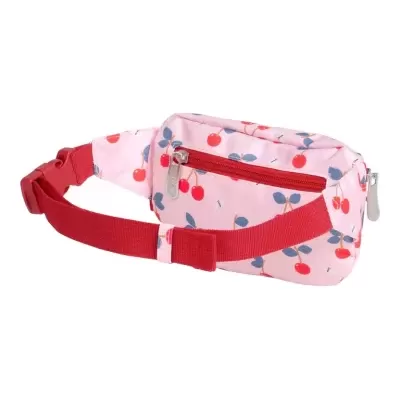 Cinto saco rosa com padrão de cerejas e fecho vermelho