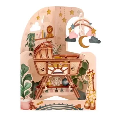 Berço de vime num quarto infantil decorado com móbile de estrelas e lua, peluches e plantas.