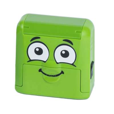 Produto verde claro com rosto sorridente desenhado na frente