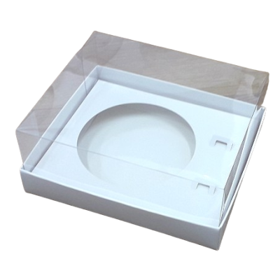 Embalagem branca de cartão com tampa transparente e encaixe circular interior
