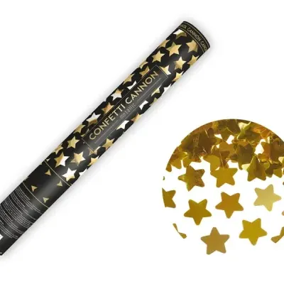 Confetti cannon metálico preto com estrelas douradas