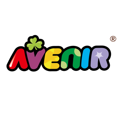 Logótipo colorido com o texto AVENIR em várias cores e padrões