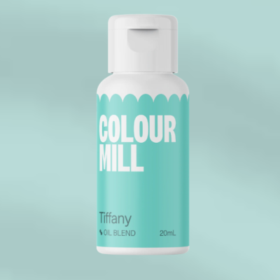 Frasco azul turquesa com tampa branca e texto COLOUR MILL, Tiffany OIL BLEND 20ml