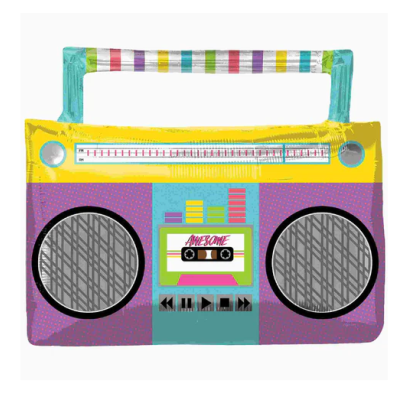 Rádio portátil colorido com alça listrada, altifalantes redondos e desenho de cassete com a palavra AWESOME