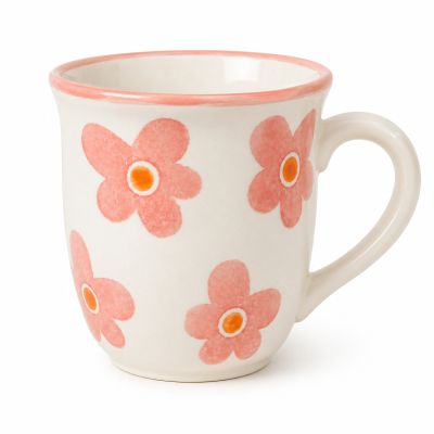 Caneca cerâmica com flores cor-de-rosa e bordo rosa