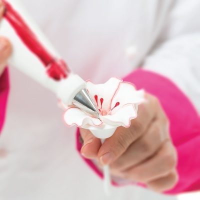Mão a aplicar glacê numa flor decorativa com bico de confeitar