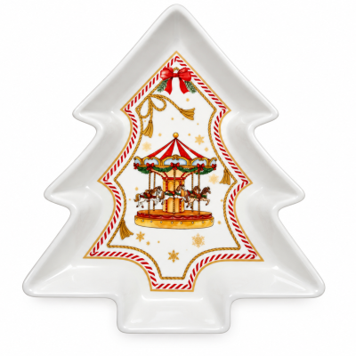 Prato decorativo em forma de árvore de Natal com estampa colorida de carrossel