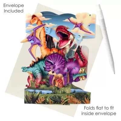 Cartão pop-up de papel com dinossauros coloridos e envelope branco