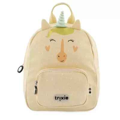 mochila infantil unicórnio bege em tecido com bolso frontal