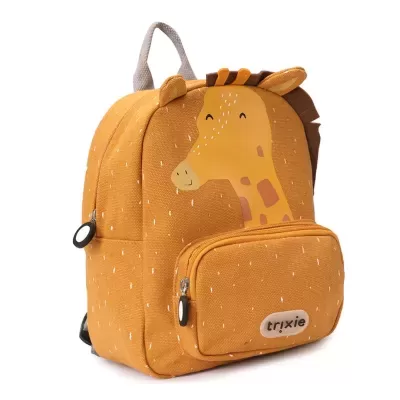 Mochila mostarda com desenho de girafa e etiqueta trixie