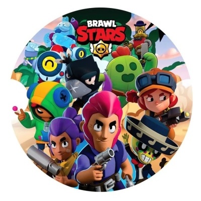 Imagem circular de personagens do videojogo Brawl Stars coloridos com nome do jogo no topo