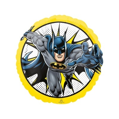 Balão redondo com imagem do super-herói Batman em cores cinzento, preto, azul e amarelo