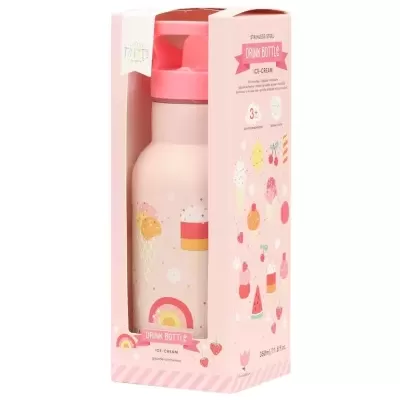 Garrafa térmica rosa com desenhos de gelados e frutas na embalagem rosa