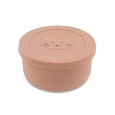 Recipiente redondo rosa com tampa decorada com desenho de gato
