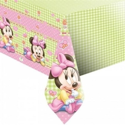 Toalha de mesa verde e rosa com imagens da Minnie Mouse