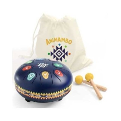 Tambor de aço azul escuro com design colorido, baquetas amarelas e saco de pano branco com texto ANIMAMBO.