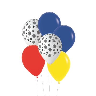Cinco balões coloridos com dois brancos floridos e três bandeira da Bélgica