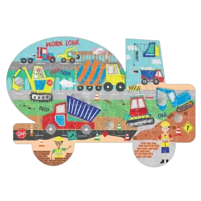 Puzzle em forma de camião com veículos de construção e operários