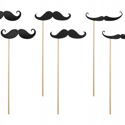Seis bigodes pretos em hastes de madeira para festa