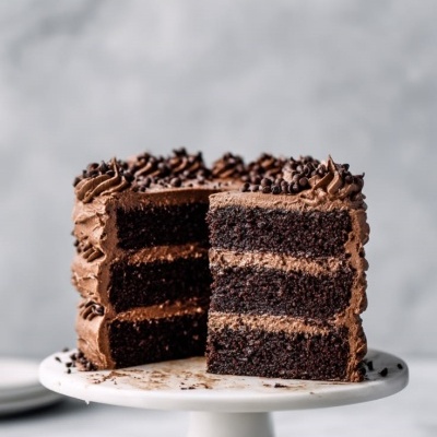 Bolo de chocolate de três camadas com cobertura e recheio de creme, decorado com pedaços de chocolate num prato branco.