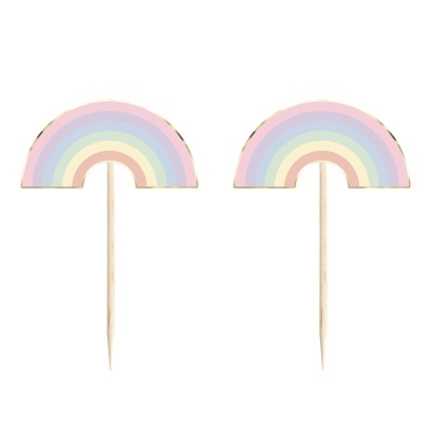 Dois toppers de cupcake em formato de arco-íris com cores pastel