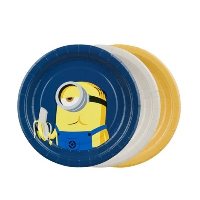 Pratos de papel com personagem Minion e cores azul, branco e amarelo