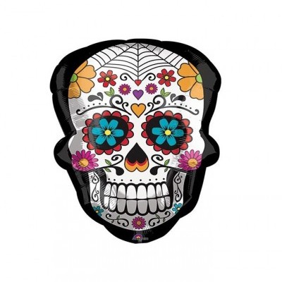 Balão em forma de caveira decorada com padrões de flores coloridas