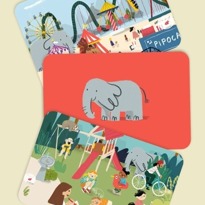 Três cartões coloridos com desenhos infantis de parque de diversões, elefante e crianças a brincar.