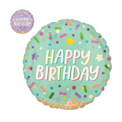 Balões festa formato cupcake com texto HAPPY BIRTHDAY