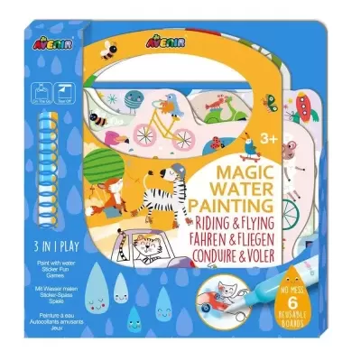 Embalagem de kit de pintura mágica com água para crianças, cor azul e amarelo, com ilustrações de animais