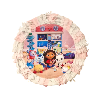 Piñata redonda com franjas brancas e rosa e personagens de desenho animado