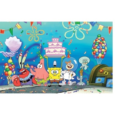 Mural colorido do desenho animado Bob Esponja com personagens e decoração de festa