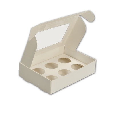 Caixa de cartão branca para 6 cupcakes com tampa transparente