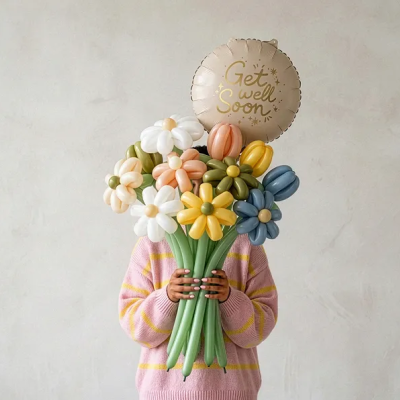 Bouquet de flores de balões coloridos com balão Get well Soon