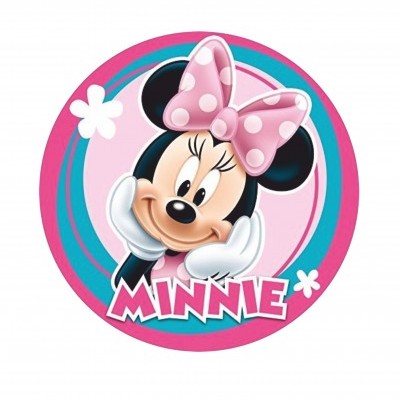 Imagem redonda de Minnie Mouse com laço rosa e texto MINNIE