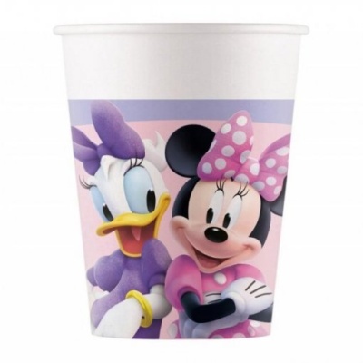 Copo de papel com figuras da Daisy e Minnie em fundo rosa e faixa roxa