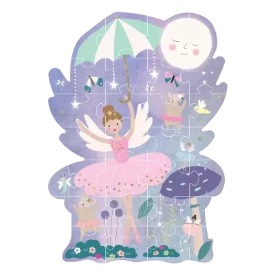 Quebra-cabeças infantil com bailarina, coelhos e lua em cores suaves.