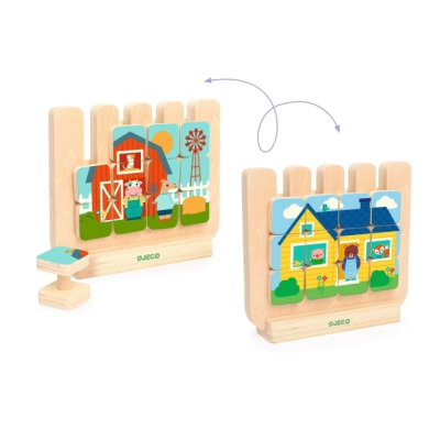 Brinquedo de blocos de madeira coloridos para montar imagens de uma quinta e uma casa.