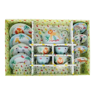 Conjunto de chá infantil com estampas de animais selvagens e frutas em caixa decorada.