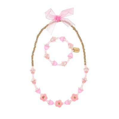 Colar e pulseira infantis rosa com flores e contas douradas