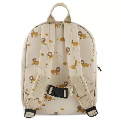 Mochila bege com padrão de leões e alças acolchoadas