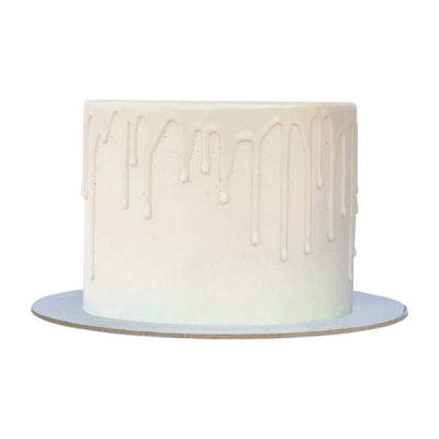 Bolo branco com cobertura escorrida, base prateada