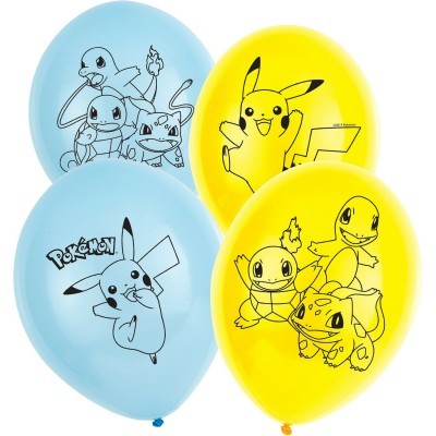 Balões azuis e amarelos com personagens Pokémon desenhadas a preto